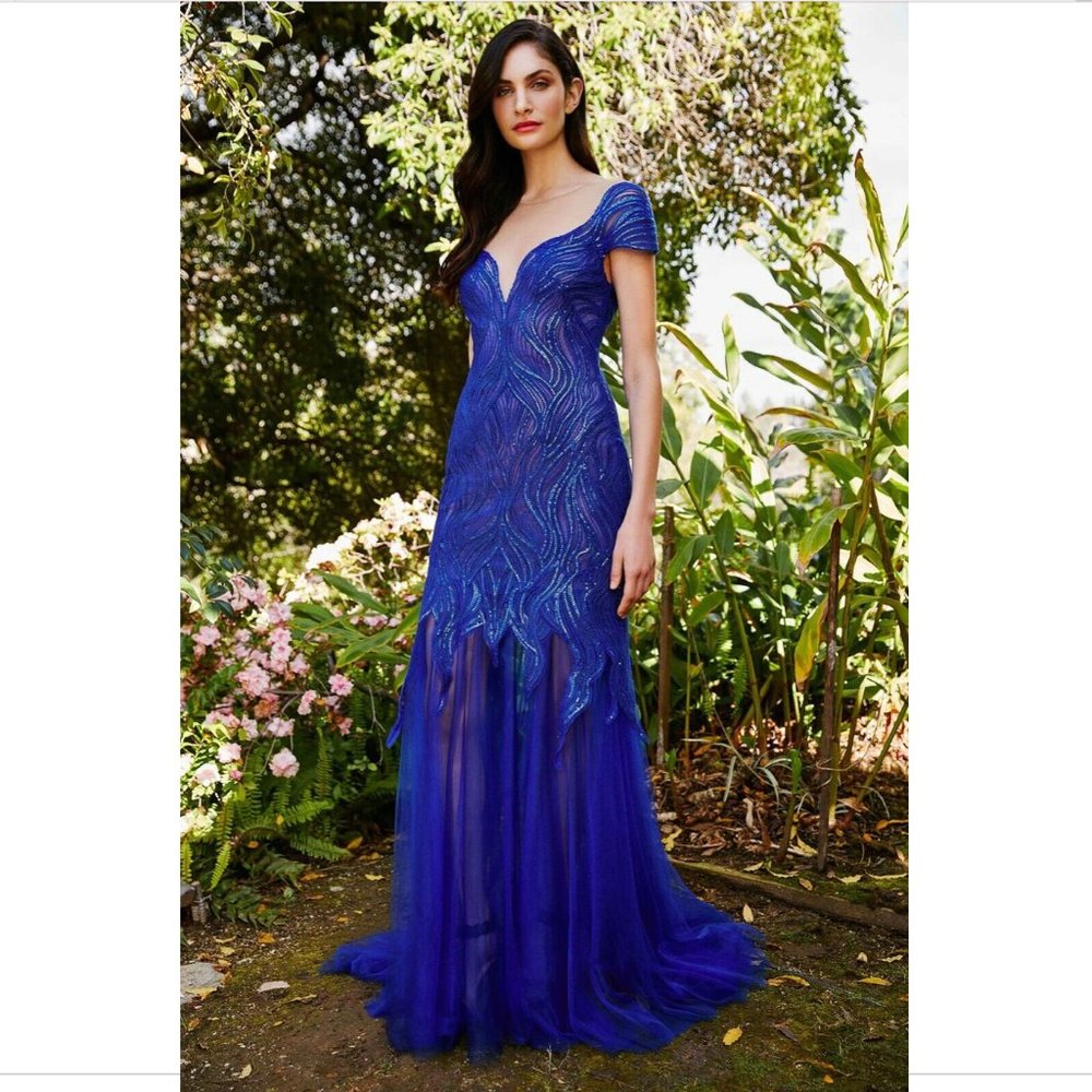 NEW $588 Tadashi‎ Shoji Euclid Sequin Bodice & Tulle Skirt Gown Blue [SZ 8 ]